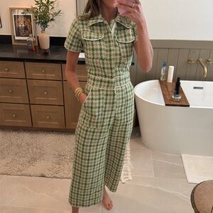 Never a wallflower green tweed jumpsuit